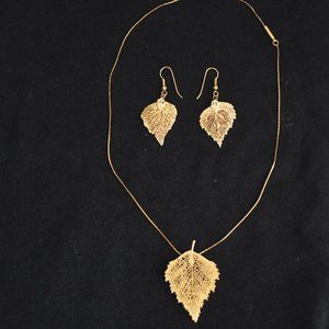 Gold (24K??) Dipped Birch Leaf Necklace with Matching Earrings